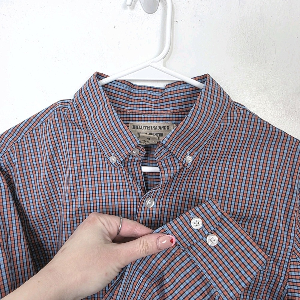 Duluth Trading Co. Orange Blue Plaid WrinkleFighter Button Up Slim Fit‎ Shirt M